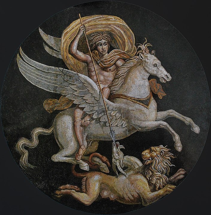 Bellerophon riding Pegasus and slaying the Chimera