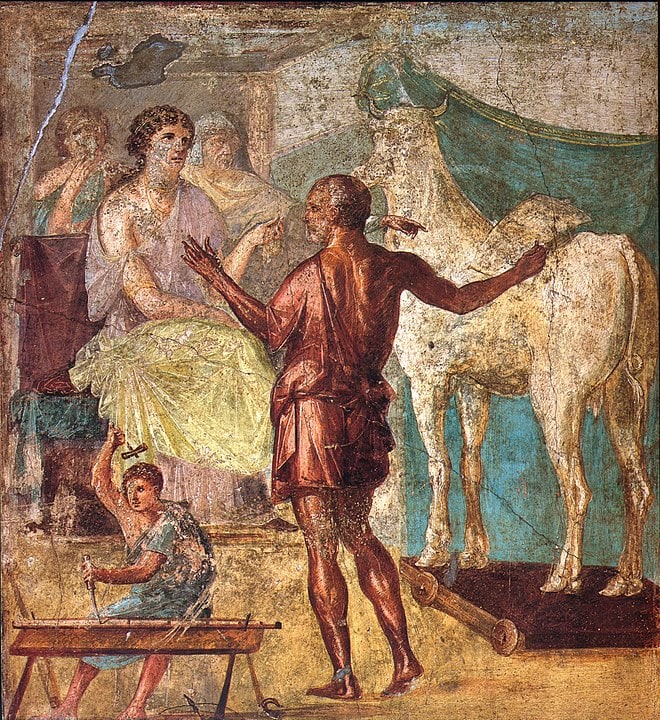 Daedalus presents the artificial cow to Pasiphaë