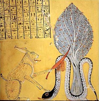 The sun god Ra, in the form of Great Cat, slays the snake Apep