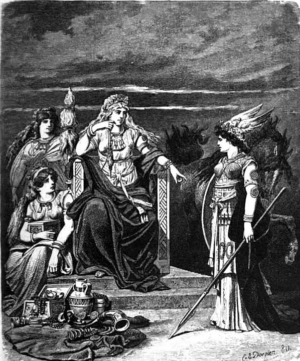 Frigg sits enthroned and facing the spear-wielding goddess Gná