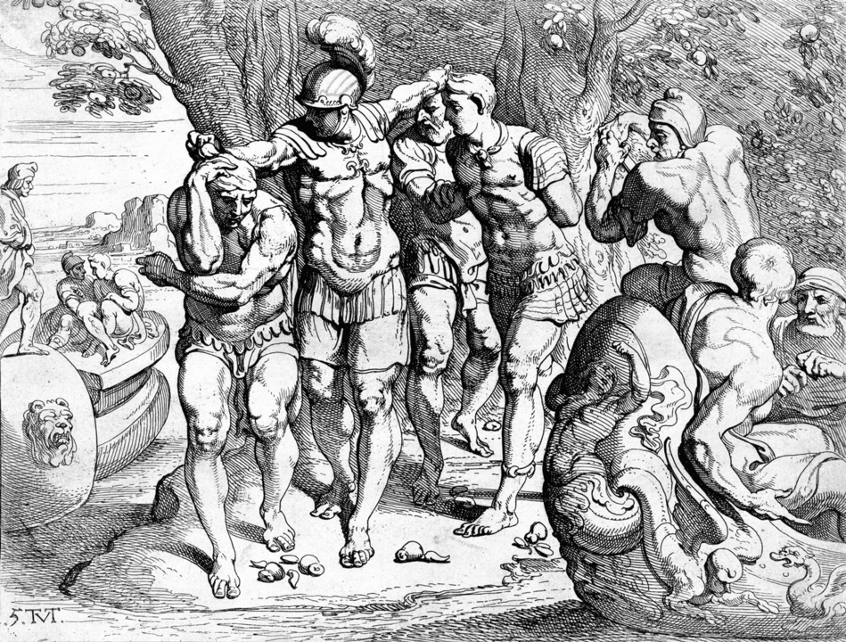 Odysseus removing his men from the company of the lotus-eaters