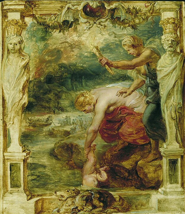 Thetis dips Achilles in the Styx