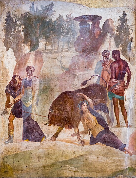 Dirce, bound to the horns of a wild bull by Amphion and Zethus (in the presence of their mother Antiope)