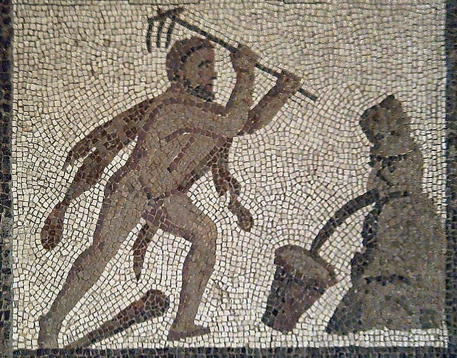Heracles rerouting the rivers Alpheus and Peneus, to clean out the Augean stables