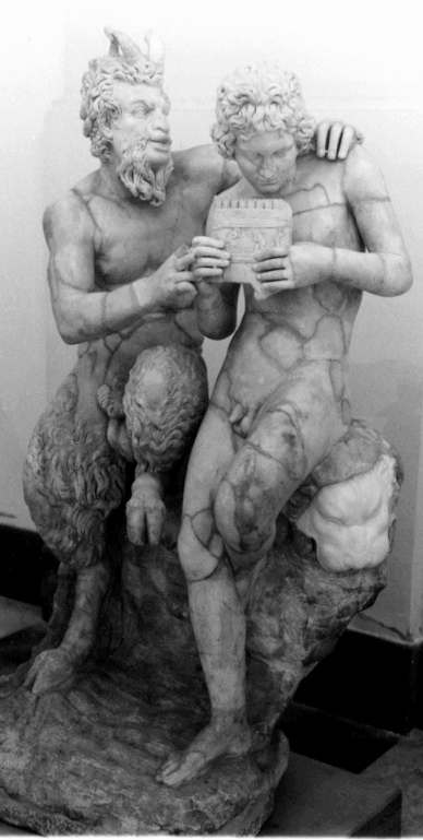 Sculpture of Pan teaching Daphnis to play the pan flute