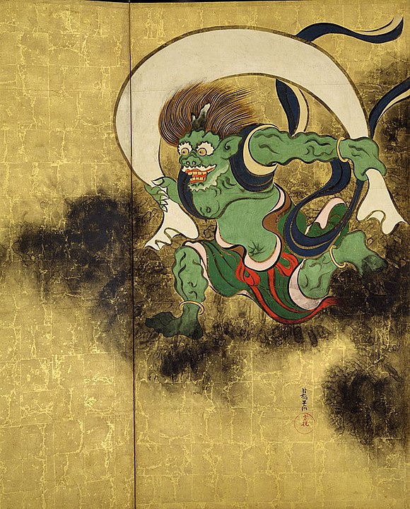 Fūjin depicted on a folding screen by Tawaraya Sōtatsu (1570–1640)