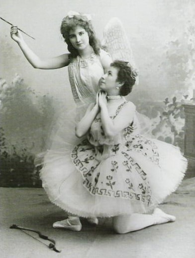 Mathilde Kschessinskaya as the goddess Flora (right) and Vera Trefilova as the god Cupid (left) in the original production of Le Réveil de Flore, 1894.