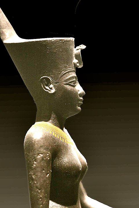 Egyptian war goddess Neith wearing the Deshret crown of northern (lower) Egypt, which bears the cobra of Wadjet