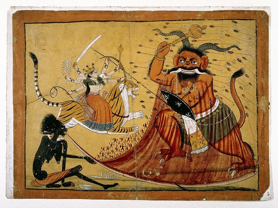 Durga Slaying the Buffalo Demon, Raktabij, and Kali drinks his spilt blood.