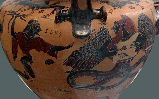 Zeus aiming his thunderbolt at a winged and snake-footed Typhon