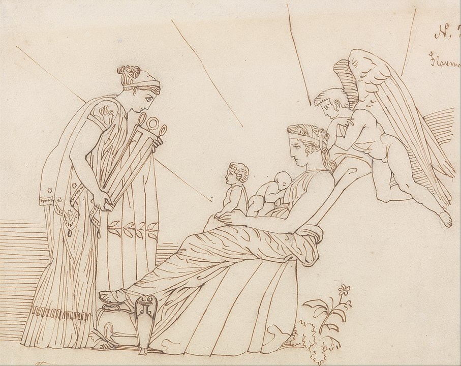 Phoebe gifts the oracular tripod to Apollo, by John Flaxman
