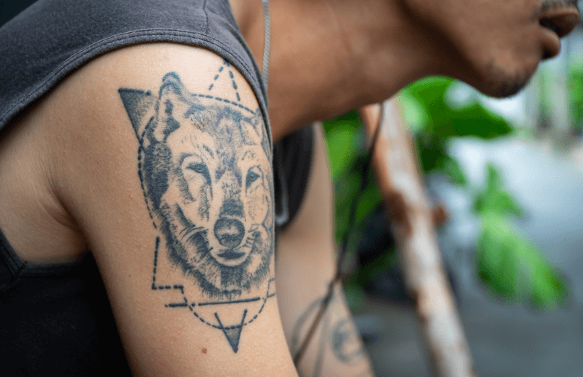Wolf tattoo on man's shoulder