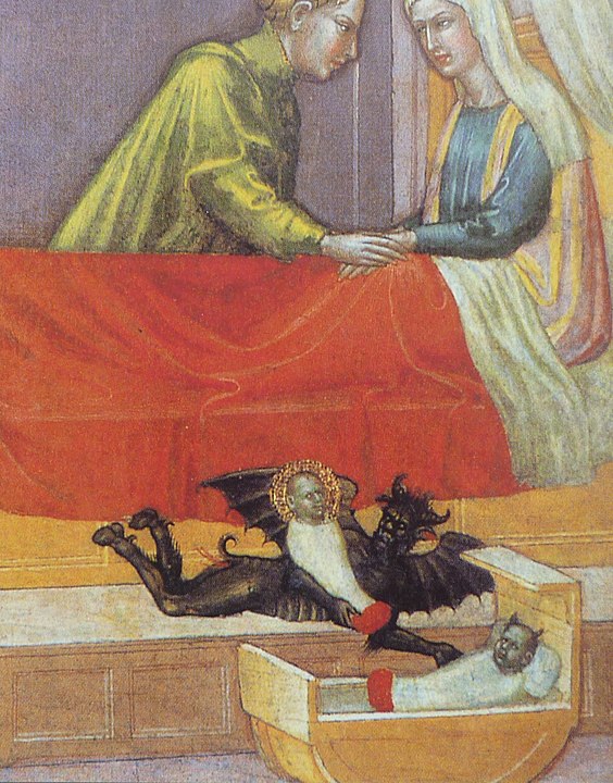 The devil exchanging a baby against a changeling.