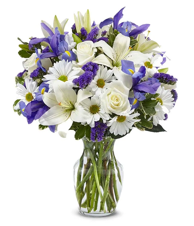 Deepest condolences bouquet with blue iris