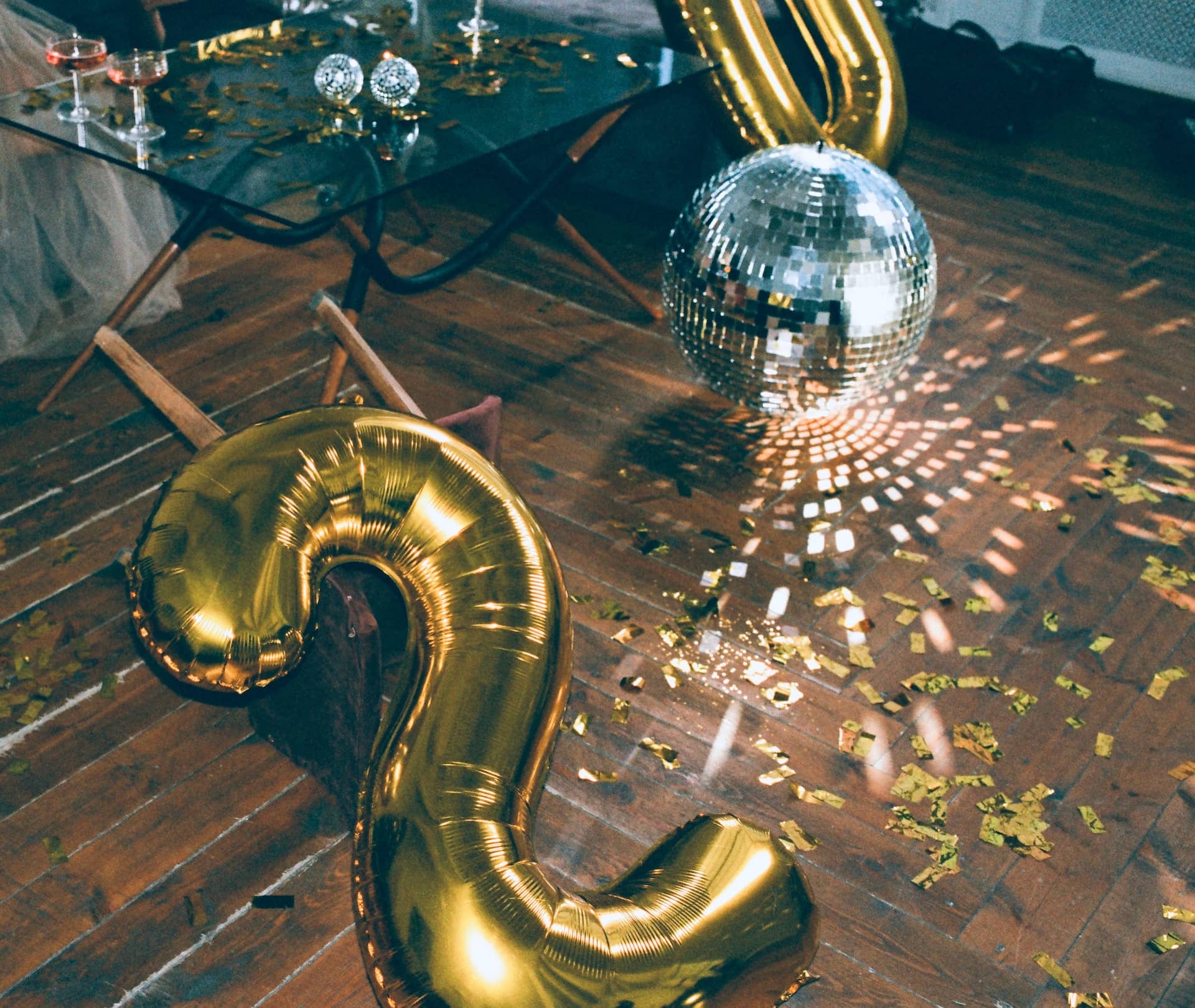 balloon and disco ball on the floor