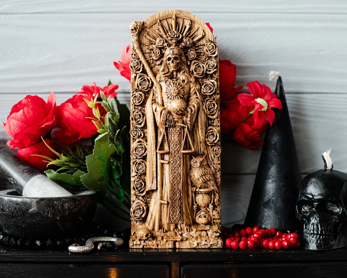 Santa Muerte wood carving