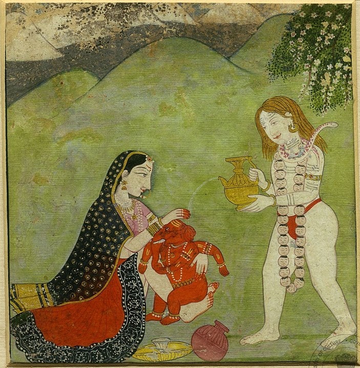 Shiva and Parvati giving a bath to Ganesha