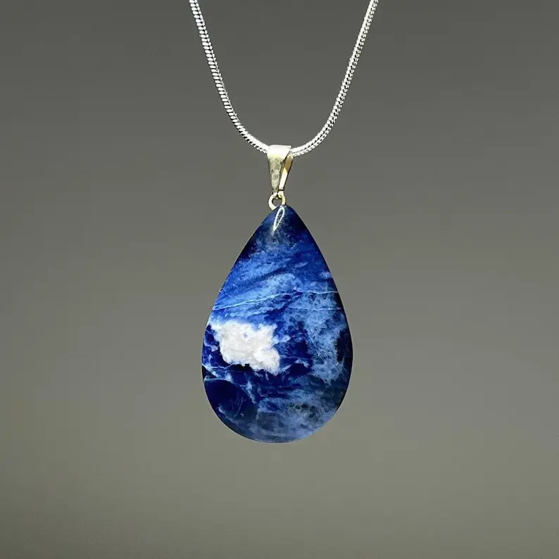 thumbnail image 2 of Natural Sodalite Drop Pendant With Cotton Band – Drilled Gemstone Jewelry 2 of 4