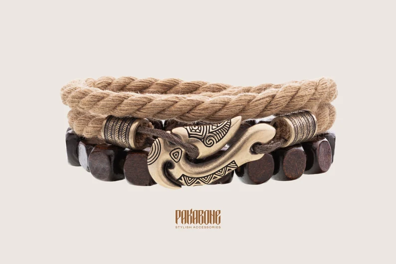 Maori Style Cotton and Wooden Bracelets Set