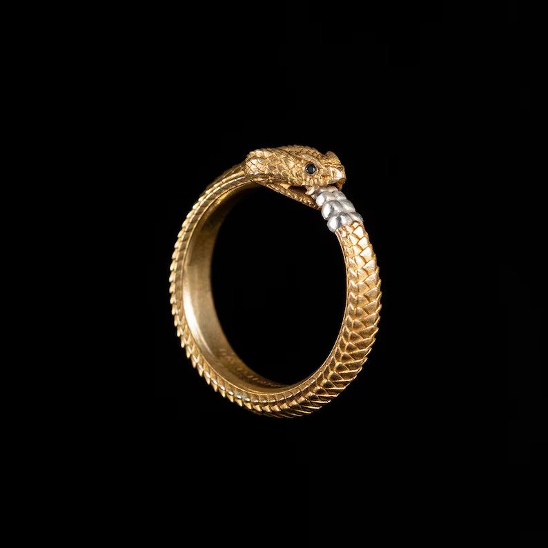 Ouroboros Ring In Brass With Gemstone Eyes