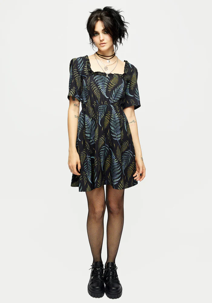 Frond Print Ruffle Shirred Mini Dress - Disturbia