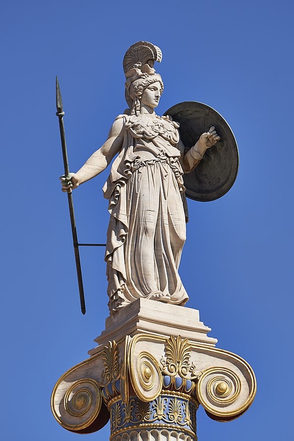 athena sculpture with her spear and shield