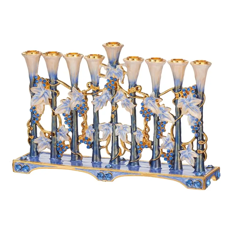 blue and ivory tulip menorah with gold accents