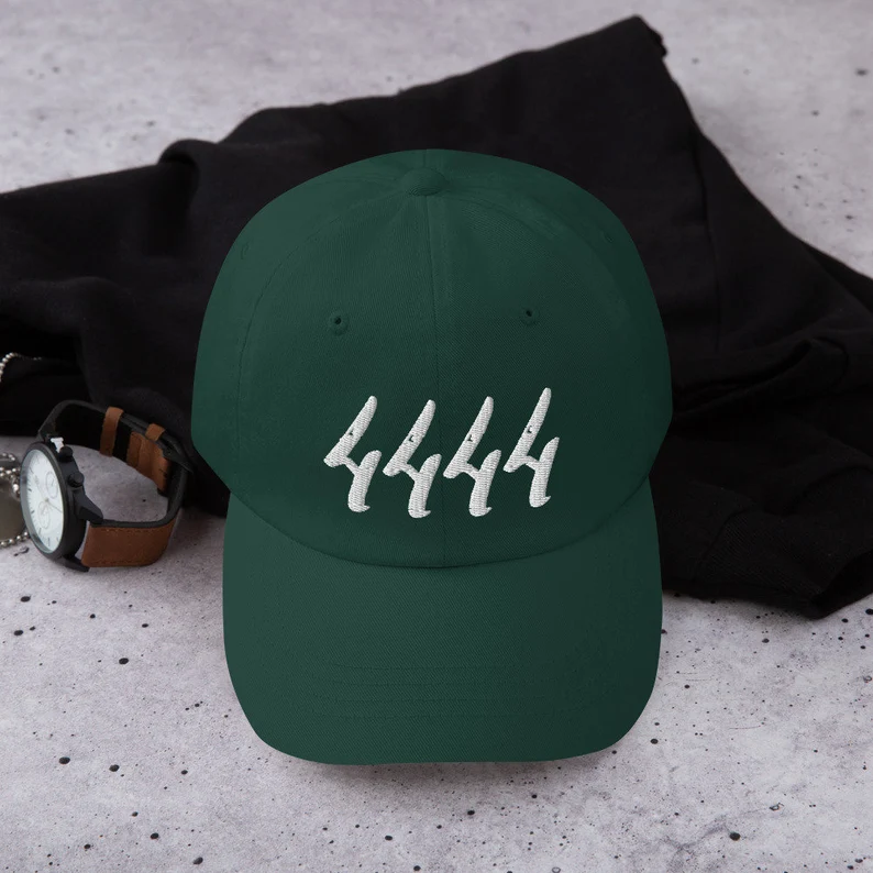 green dad hat with 4444 embroidery