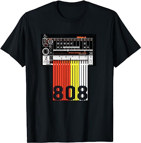 a black t-shirt with drum machine and 808 numbers design