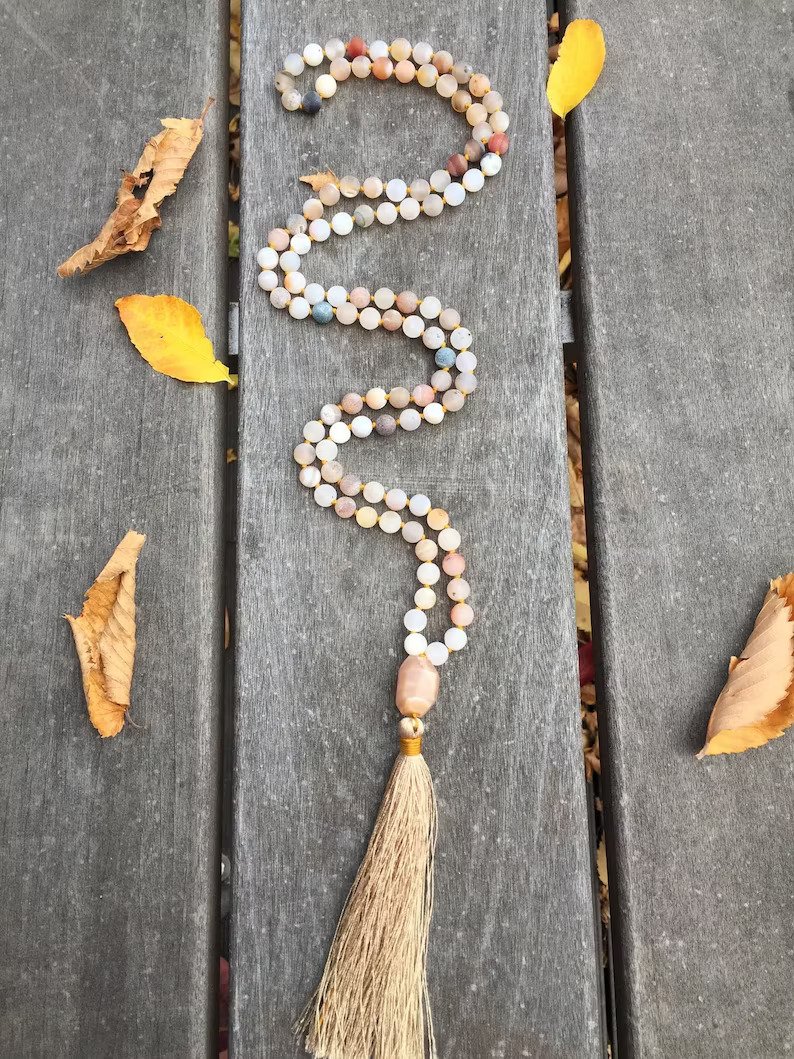 Hand Knotted Druzy Beads Sunstone Mala Necklace for Meditation