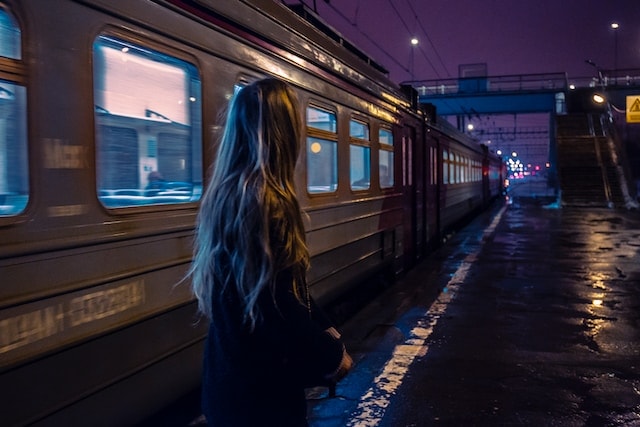 a woman in a train station