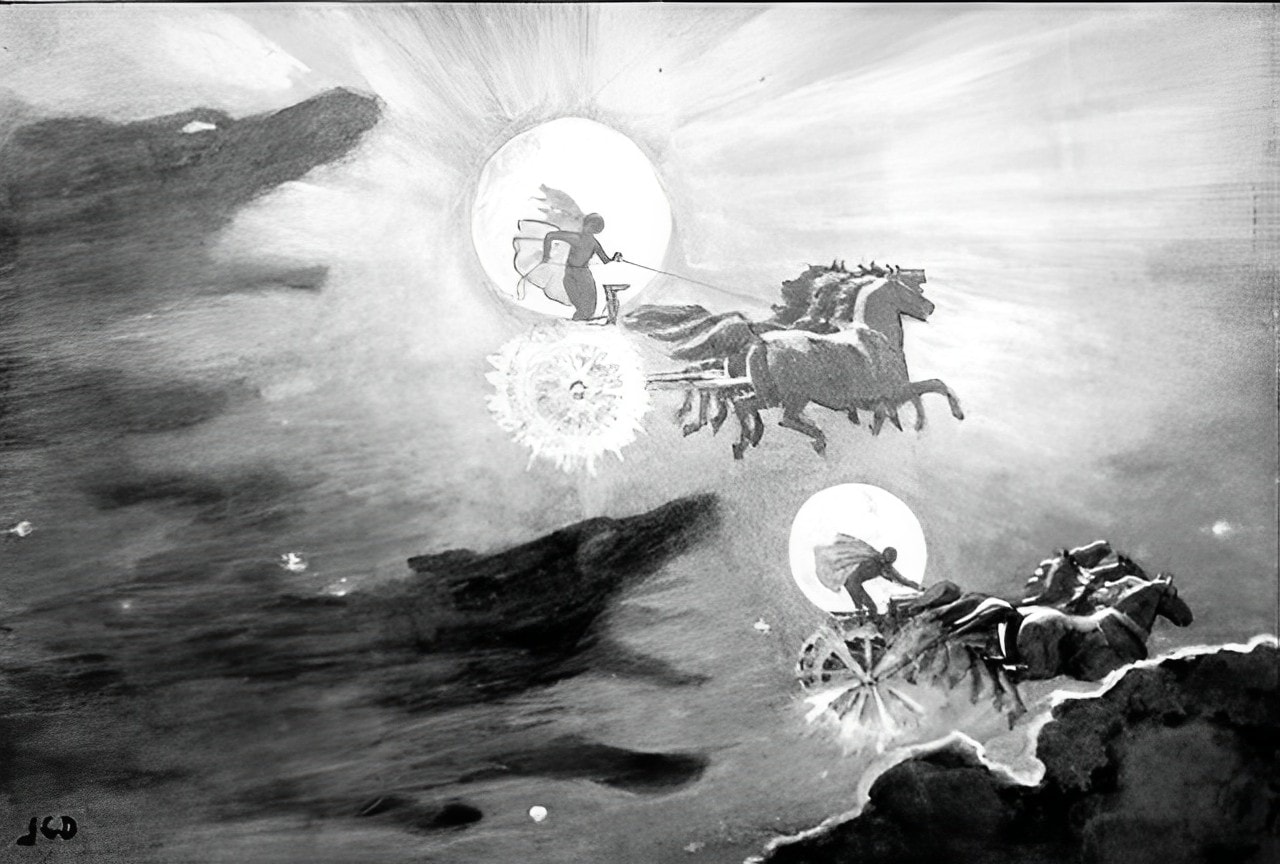 depiction of wolves chasing sol and mani