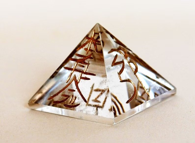 Genuine Clear Quartz Crystal Stone Pyramid Engraved With Reiki Symbols