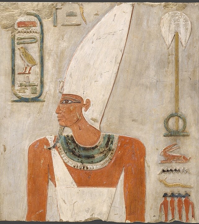 Painted relief of Mentuhotep II wearing Hedjet