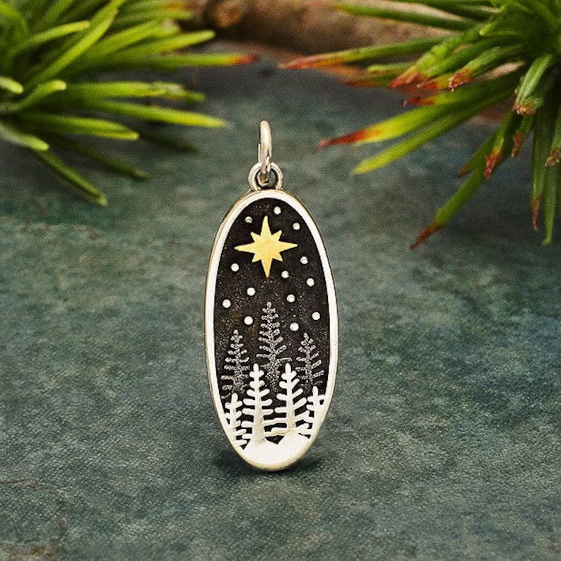 Silver Pine Tree Pendant with Bronze North Star