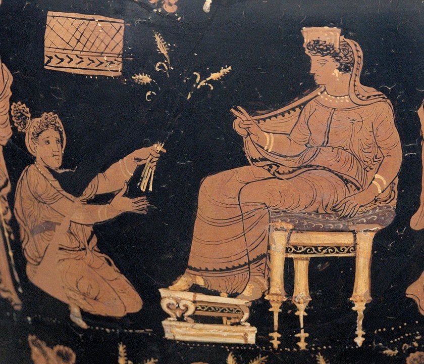depiction of demeter accepting an offering of wheat for the rites of the Eleusinian Mysteries