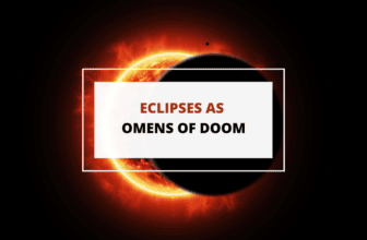 Solar eclipse with a fiery corona and the text "Eclipses as Omens of Doom," reflecting ancient fears around the event.