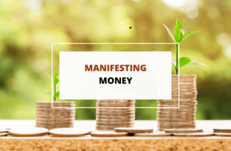 A banner with stacks of coins and plants growing from them, representing the concept of manifesting money.